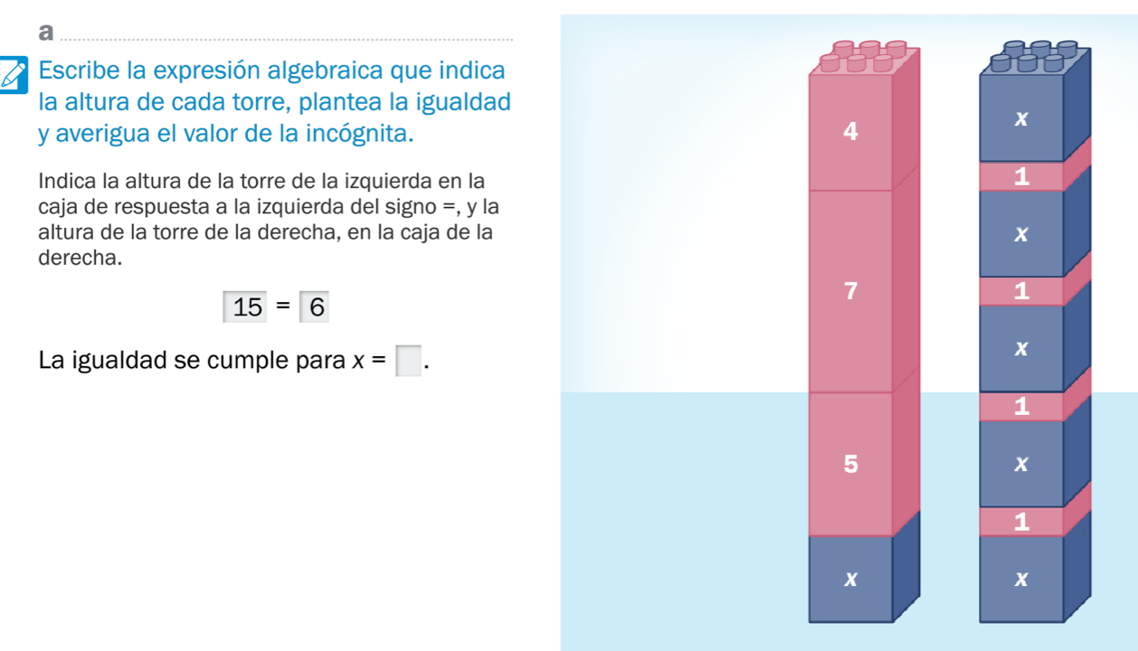 a 
Escribe la expresión algebraica que indica 
la altura de cada torre, plantea la igualdad 
y averigua el valor de la incógnita. 
Indica la altura de la torre de la izquierda en la 
caja de respuesta a la izquierda del signo =, y la 
altura de la torre de la derecha, en la caja de la 
derecha.
overline 15=6
La igualdad se cumple para x=□.