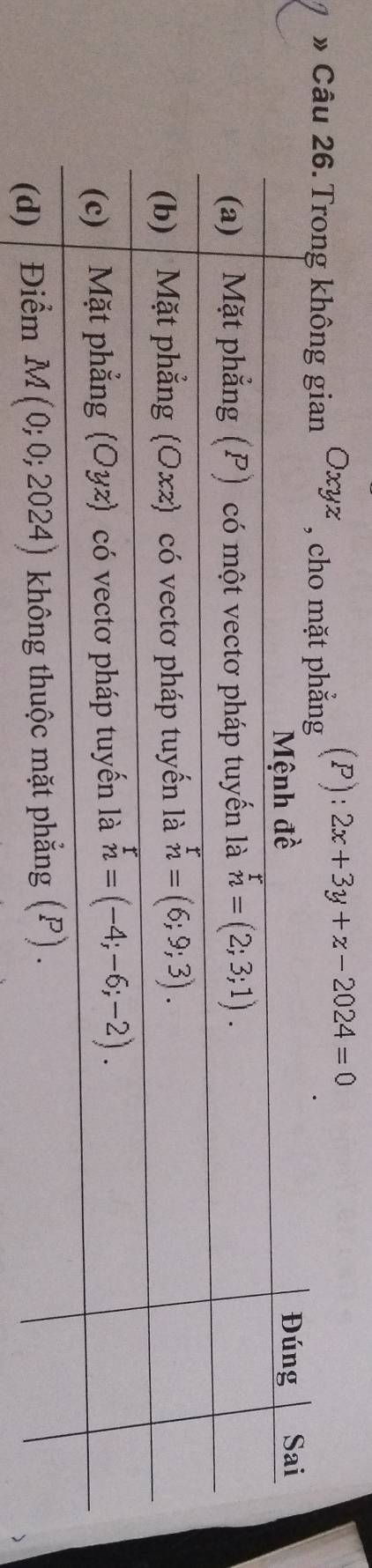 » Câu 26. Trong khô Oxyz (P): 2x+3y+z-2024=0