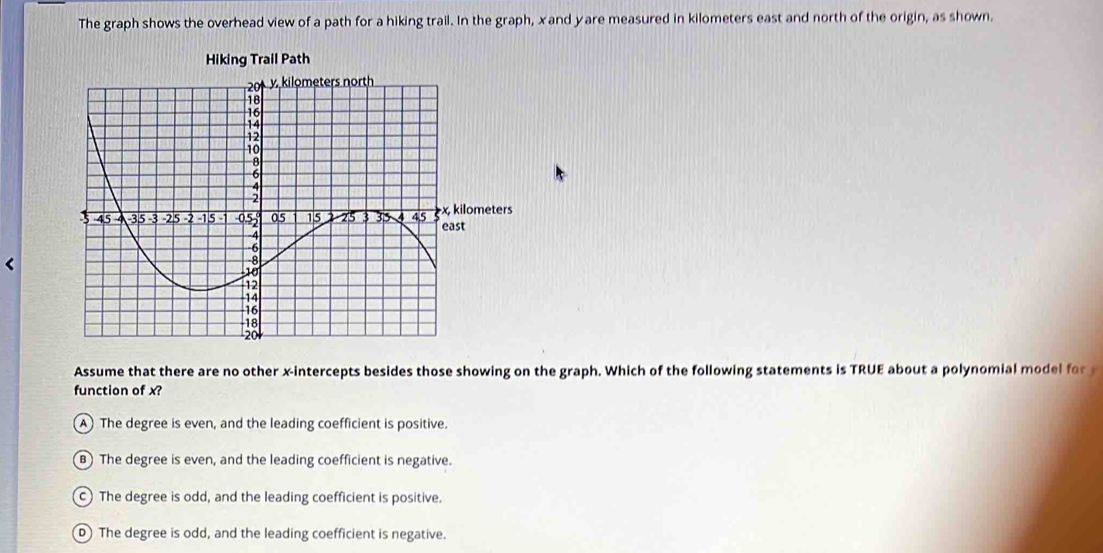 The graph shows the overhead view of a path for a hiking trail. In the graph, xand yare measured in kilometers east and north of the origin, as shown.
Hiking Trail Path
Assume that there are no other x-intercepts besides those showing on the graph. Which of the following statements is TRUE about a polynomial model for
function of x?
A The degree is even, and the leading coefficient is positive.
B) The degree is even, and the leading coefficient is negative.
C The degree is odd, and the leading coefficient is positive.
D) The degree is odd, and the leading coefficient is negative.