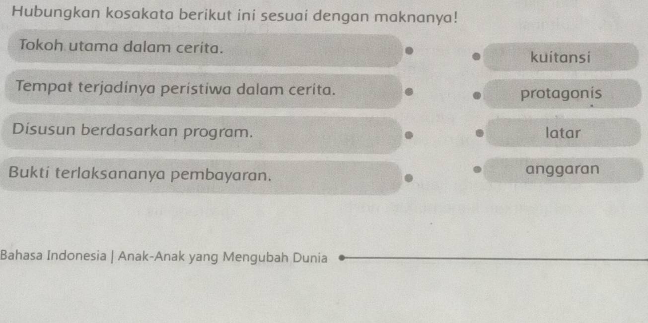 Hubungkan kosakata berikut ini sesuai dengan maknanya!
Tokoh utama dalam cerita.
kuítansi
Tempat terjadínya perístiwa dalam cerita.
protagonis
Disusun berdasarkan program. latar
Bukti terlaksananya pembayaran. anggaran
Bahasa Indonesia | Anak-Anak yang Mengubah Dunia