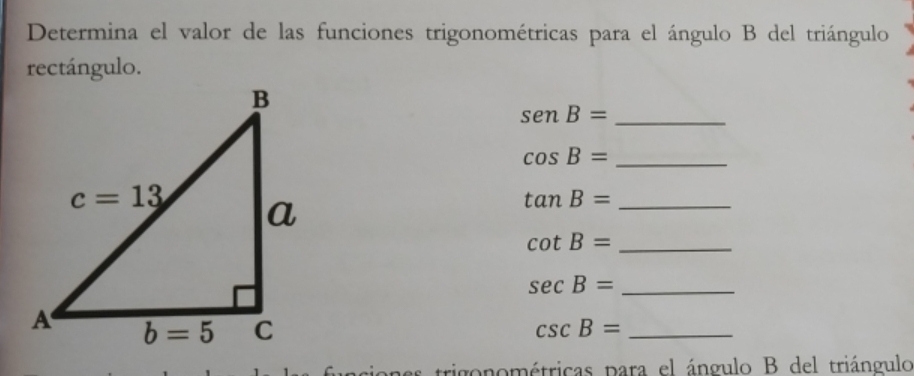 Determina el valor de las funciones trigonométricas para el ángulo B del triángulo
rectángulo.
senB= _
cos B= _
tan B= _
_ cot B=
_ sec B=
csc B= _
trigonométricas para el ángulo B del triángulo