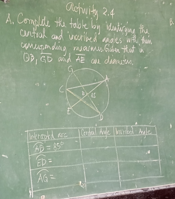 activity 2. 4 
B. 
A. Complee the table by idatigying the 
contrak and insuribed angles with thwin 
conupnding masmus Sun that in 
ò, GD and overline AE are diamatus. 
Interaptd arc Cornfual huyle husilord Myle
widehat AD=85°
widehat ED=
widehat AG=