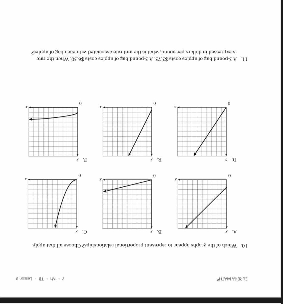 EUREKA MATH^2 7· M1· TB· Lesson 
10. Which of the graphs appear to represent proportional relationships? Choose all that apply.
AB. yC. y
DE. yF. y
x
0
11. A 3-pound bag of apples costs $3.75. A 5-pound bag of apples costs $6.50. When the rate
is expressed in dollars per pound, what is the unit rate associated with each bag of apples?