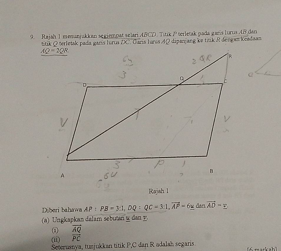 Rajah 1 menunjukkan segiempat selari ABCD. Titik P terletak pada garis lurus AB dan
titik Q terletak pada garis lurus DC. Garis lurus AQ dipanjang ke titik R dengan keadaan
Rajah 1
Diberi bahawa AP:PB=3:1,DQ:QC=3:1,vector AP=6_ u dan vector AD=_ v.
(a) Ungkapkan dalam sebutan u dan y.
(i) vector AQ
(ii) vector PC
Seterusnya, tunjukkan titik P,C dan R adalah segaris.
[6 markah]