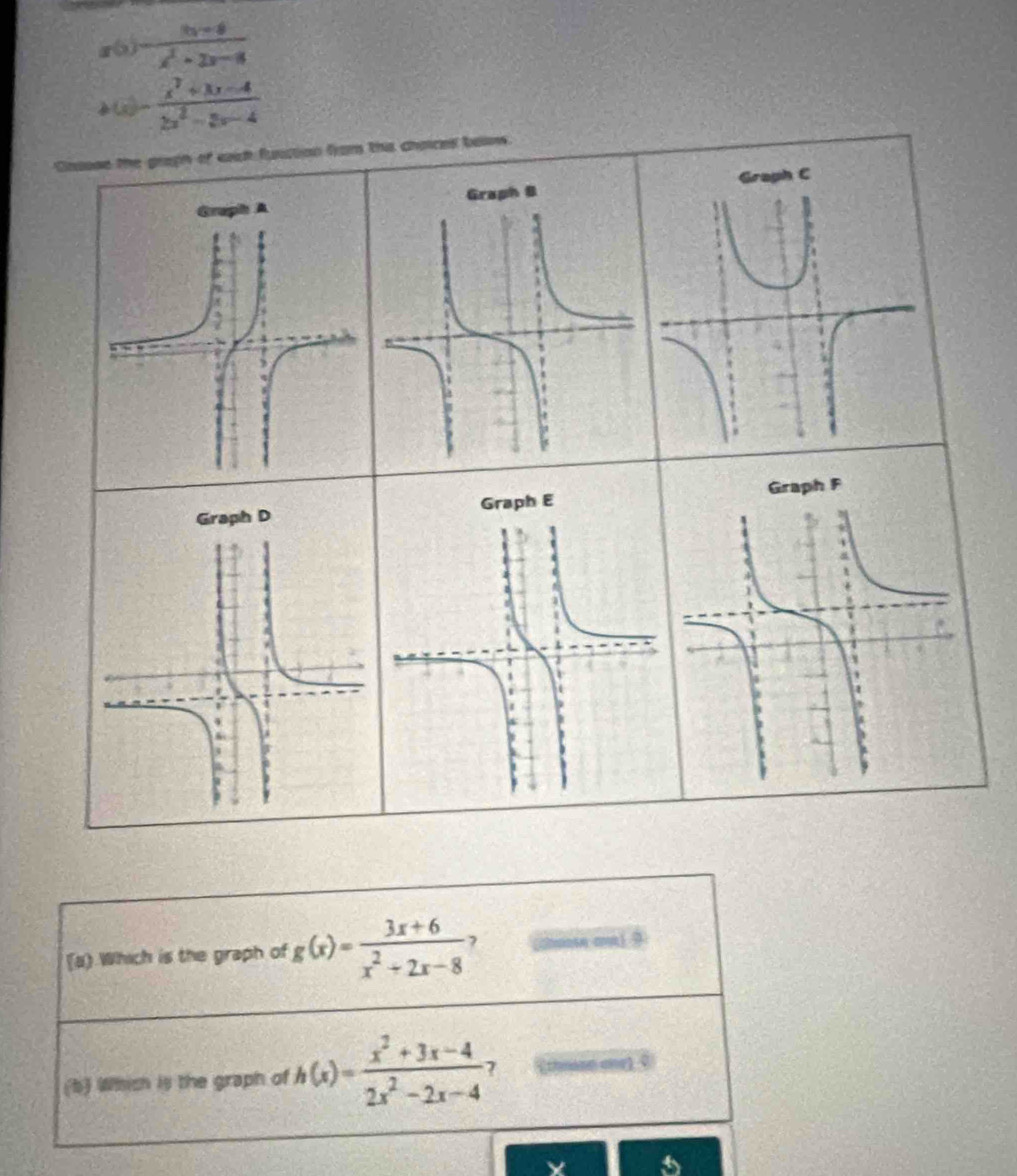 - (3x-6)/x^2+2x-6 
- (x^2+3x-4)/2x^2-5x-4 
Cnsose the graph of each function from this chaced beans. 
Graph F 
Graph E 
(a) Which is the graph of g(x)= (3x+6)/x^2+2x-8  a 
(b) Which is the graph of h(x)= (x^2+3x-4)/2x^2-2x-4 ·
Y