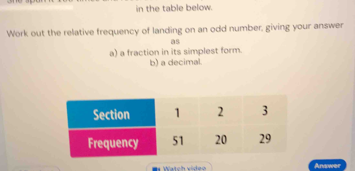 ome 
in the table below. 
Work out the relative frequency of landing on an odd number, giving your answer 
as 
a) a fraction in its simplest form. 
b) a decimal. 
Watch video Answer