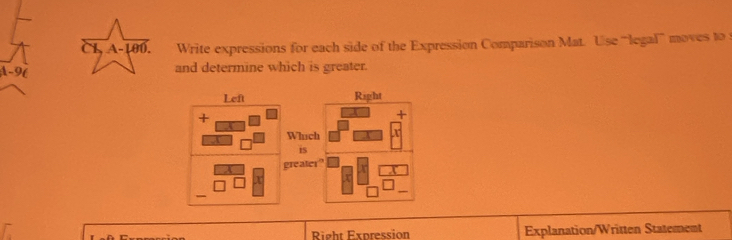 A-180 Write expressions for each side of the Expression Comparison Mat. Use “legal” moves to 
A -9 ( and determine which is greater. 
Left 
+ 
g 
_ 
Right Expression Explanation/Written Statement