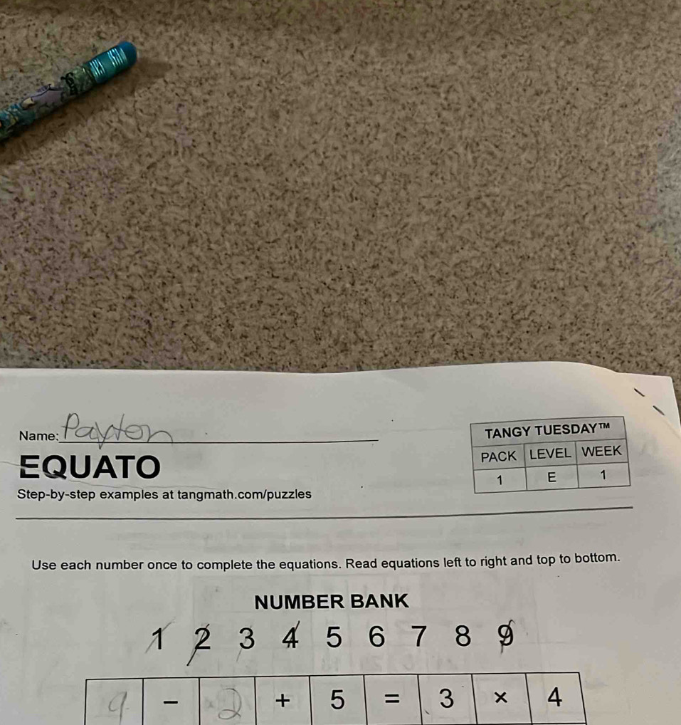 Solved: Name:_ EQUATO Step-by-step examples at tangmath.com/puzzles Use ...