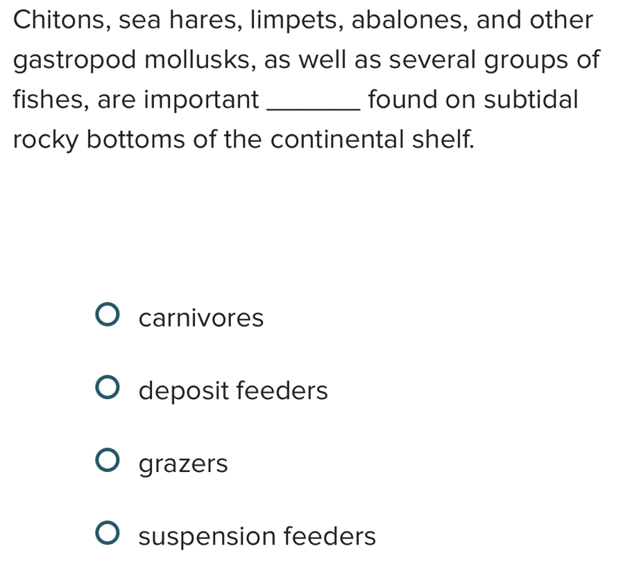 Chitons, sea hares, limpets, abalones, and other
gastropod mollusks, as well as several groups of
fishes, are important _found on subtidal
rocky bottoms of the continental shelf.
carnivores
deposit feeders
grazers
suspension feeders