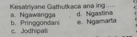 Kesatriyane Gathutkaca ana ing ....
a. Ngawangga d. Ngastina
b. Pringgondani e. Ngamarta
c. Jodhipati