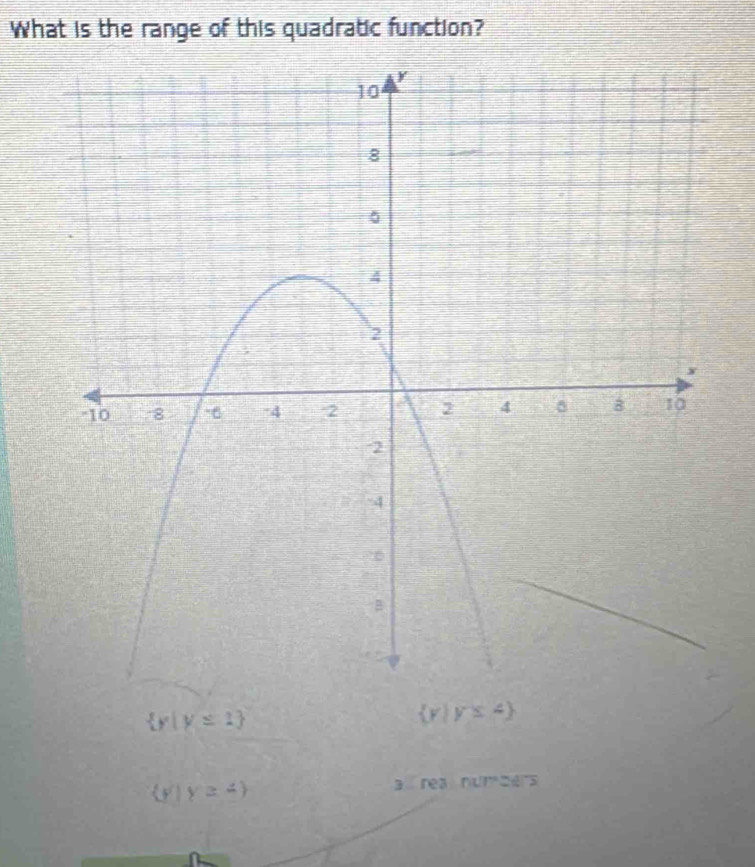 What is the range of this quadratic function?
 y|y≤ 2 r y≤ 4)
(F) y≥ 4) a rea DUT=20°