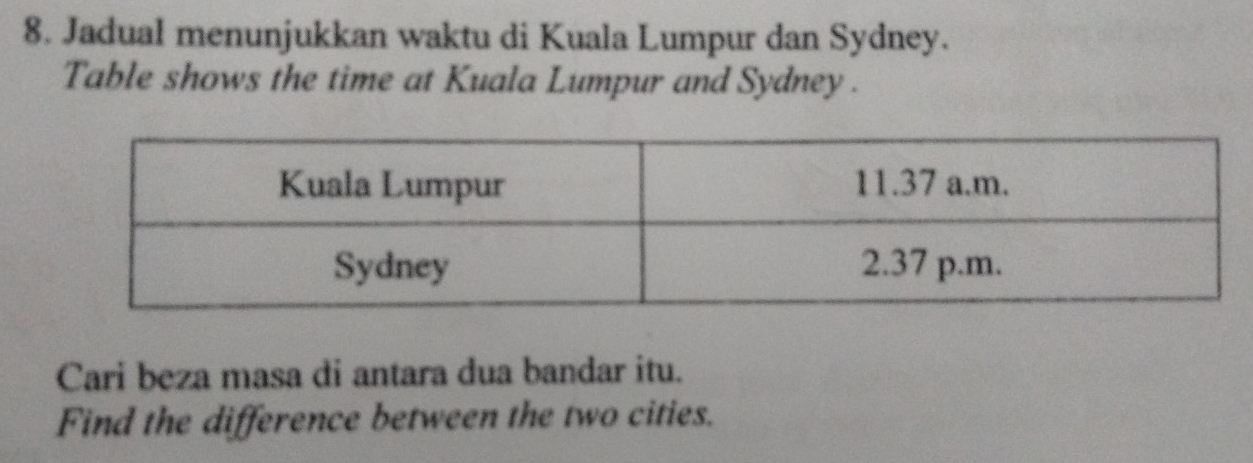 Jadual menunjukkan waktu di Kuala Lumpur dan Sydney. 
Table shows the time at Kuala Lumpur and Sydney . 
Cari beza masa di antara dua bandar itu. 
Find the difference between the two cities.