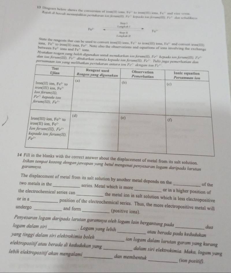 Diagzam below shows the conversion of iron(11) ions. Fe^(2-) to iron(I) ins. Fe^(11) and vice versa.
Rajah di baah memunjukkan pertukaran ion ferum (H),Fe^(2+) kepada ion ferum HD,Fe^(3+) dan sebalkava
Step 1
Langkah 1
Fe^(2-)
Step I Fe^(3+)
Langkah II
State the reagents that can be used to convert iron(I) ions. Fe^(2+) to iron(III) ions. Fe^(3+) and convert iron(II)
ions. Fe^(3+) to iron(Ⅱ) ions. Fe^(2+). Note also the observations and equations of ions involving the exchange
between Fe^2 ions and Fc^Fe' ions.
Nyatakan reagen yang balch digunakan untuk memikarkan ion ferum(II). Fe^(2+) kepada ion ferin(III). Fe^(3+)
dan im ferum( (III),Fe^+ * ditukarkan semula kepada ion ferum(H). Fe^2 *  Tulis juga pemerhatian
persamaan io
placement of metal from its salt solution.
Isikan tempat kosong dengan jawapan yang betul mengenai penyesaran logam daripada larutan
garamnya.
The displacement of metal from its salt solution by another metal depends on the
of the
two metals in the_ series. Metal which is more or in a higher position of
the electrochemical series can _the metal ion in salt solution which is less electropositive
or in a_ position of the electrochemical series. Thus, the more electropositive metal will
undergo _and form _(positive ions).
Penyesaran logam daripada larutan garamnya oleh logam lain bergantung pada
dua
logam dalam siri _. Logam yang lebih _atau berada pada kedudukan
yang tinggi dalam siri elektrokimia boleh_ ion logam dalam larutan garam yang kurang
elektropositif atau berada di kedudukan yang _dalam siri elektrokimia. Maka, logam yang
lebih elektropositif akan mengalami _dan membentuk _(ion positif).