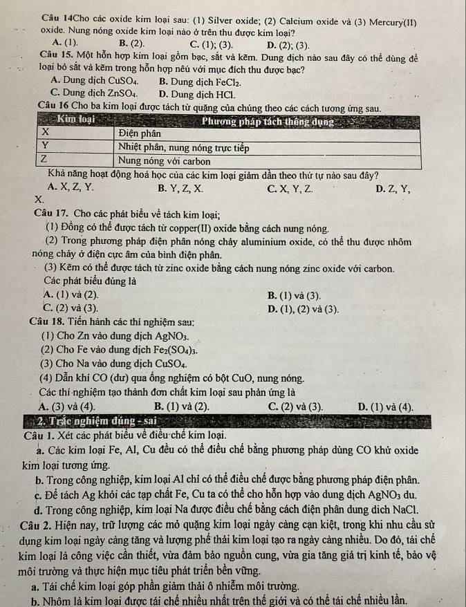 Câu 14Cho các oxide kim loại sau: (1) Silver oxide; (2) Calcium oxide và (3) Mercury(II)
oxide. Nung nóng oxide kim loại nào ở trên thu được kim loại?
A. (1). B. (2). C. (1); (3). D. (2); (3).
Câu 15. Một hỗn hợp kim loại gồm bạc, sắt và kẽm. Dung dịch nào sau đây có thể dùng đề
loại bỏ sắt và kẽm trong hỗn hợp nêú với mục đích thu được bạc?
A. Dung djch CuSO₄. B. Dung dịch FeCl₂.
C. Dung dịch ZnSO₄. D. Dung dịch HCl.
Câu 16 Cho ba kim loại được tách từ quặng của chúng theo các cách tương ứng sau.
Khả năng hoạt động hoá học của các kim loại giảm dần theo thứ tự nào sau đây?
A. X, Z, Y. B. Y, Z, X. C. X, Y, Z. D. Z, Y,
X.
Câu 17. Cho các phát biểu về tách kim loại;
(1) Đồng có thể được tách từ copper(II) oxide bằng cách nung nóng.
(2) Trong phương pháp điện phân nóng chảy aluminium oxide, có thể thu được nhôm
nóng chảy ở điện cực âm của bình điện phân.
(3) Kẽm có thể được tách từ zinc oxide bằng cách nung nóng zinc oxide với carbon.
Các phát biểu đúng là
A. (1) và (2). B. (1) vả (3).
C. (2) và (3). D. (1), (2)va(3).
Câu 18. Tiến hành các thí nghiệm sau;
(1) Cho Zn vào dung dịch AgNO_3.
(2) Cho Fe vào dung dịch Fe_2(SO_4)_3
(3) Cho Na vào dung dịch CuSO_4.
(4) Dẫn khí CO (dư) qua ống nghiệm có bột CuO, nung nóng.
Các thí nghiệm tạo thành đơn chất kim loại sau phản ứng là
A. (3) và (4). B. (1) và (2). C. (2) và (3). D. (1) và (4).
a  2. Trác nghiệm đúng - sai
Câu 1. Xét các phát biểu về điều chế kim loại.
á. Các kim loại Fe, Al, Cu đều có thể điều chế bằng phương pháp dùng CO khử oxide
kim loại tương ứng.
b. Trong công nghiệp, kim loại Al chỉ có thể điều chế được bằng phương pháp điện phân.
c. Để tách Ag khỏi các tạp chất Fe, Cu ta có thể cho hỗn hợp vào dung dịch AgNe O_2 、 du.
d. Trong công nghiệp, kim loại Na được điều chế bằng cách điện phân dung dich NaCl.
Câu 2. Hiện nay, trữ lượng các mỏ quặng kim loại ngày càng cạn kiệt, trong khi nhu cầu sử
dụng kim loại ngày cảng tăng và lượng phế thải kim loại tạo ra ngày cảng nhiều. Do đó, tái chế
kim loại là công việc cần thiết, vừa đảm bảo nguồn cung, vừa gia tăng giá trị kinh tế, bảo vệ
môi trường và thực hiện mục tiêu phát triển bền vững.
a. Tái chế kim loại góp phần giảm thải ô nhiễm môi trường.
b. Nhôm là kim loại được tái chế nhiều nhất trên thế giới và có thể tái chế nhiều lần.