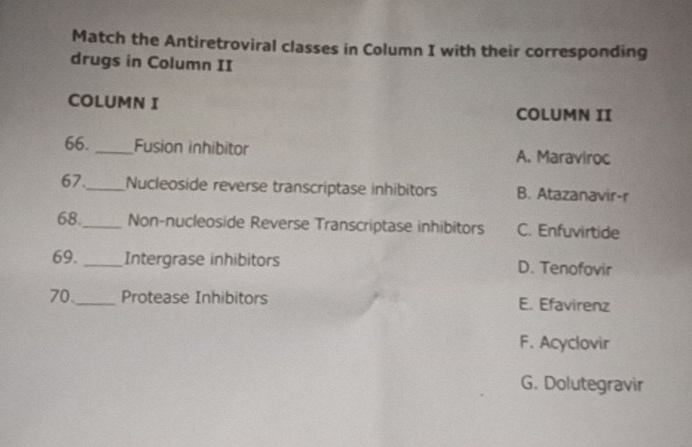 Match the Antiretroviral classes in Column I with their corresponding
drugs in Column II
COLUMN I COLUMN II
66._ Fusion inhibitor A. Maraviroc
67._ Nucleoside reverse transcriptase inhibitors B. Atazanavir-r
68._ Non-nucleoside Reverse Transcriptase inhibitors C. Enfuvirtide
69._ Intergrase inhibitors D. Tenofovir
70._ Protease Inhibitors E. Efavirenz
F. Acyclovir
G. Dolutegravir