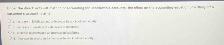 Under the direct write-off method of accounting for uncollectible accounts, the effect on the accounting equation of writing off a
customer's account is a(n)
a. increase in liabilities and a decrease in stockholders’ equity
b. decrease in assets and a decrease in liabilities
c. increase in assets and an increase in liabilities
d. decrease in assets and a decrease in stockholders’ equity