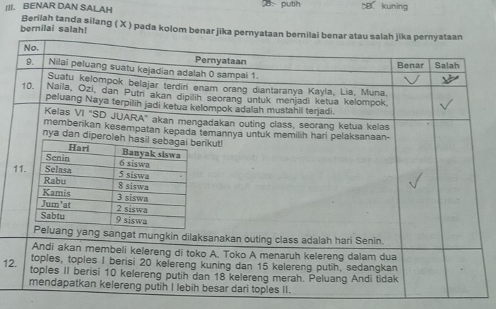 BENAR DAN SALAH B. putih kuning
Berilah tanda silang ( X ) pada kolom benar jika 
bernilai salah!
12