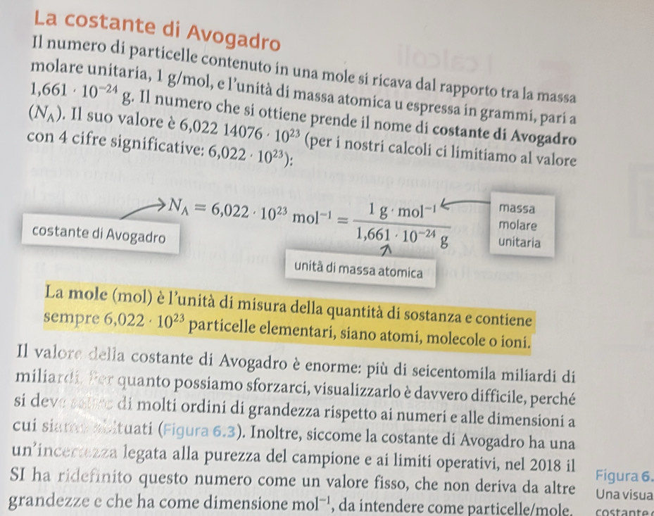 La costante di Avogadro
Il numero di particelle contenuto in una mole si ricava dal rapporto tra la massa
molare unitaria, 1 g/mol, e l’unità di massa atomica u espressa in grammi, pari a
1,661· 10^(-24)g. Il numero che si ottiene prende il nome di costante di Avogadro
(N_A). Il suo valore è 6,02214076· 10^(23) (per i nostri calcoli ci limitiamo al valore
con 4 cifre significative: 6,022· 10^(23)).
massa
costante di Avogadro
N_A=6,022· 10^(23)mol^(-1)= (1g· mol^(-1))/1,661· 10^(-24)g  unitaria
molare
unitã di massa atomica
La mole (mol) è l'unità di misura della quantità di sostanza e contiene
sempre 6,022· 10^(23) particelle elementari, siano atomi, molecole o ioni.
Il valore della costante di Avogadro è enorme: più di seicentomila miliardi di
miliardi, fer quanto possiamo sforzarci, visualizzarlo è davvero difficile, perché
si deve astire di molti ordini di grandezza rispetto ai numeri e alle dimensioni a
cui siamo abituati (Figura 6.3). Inoltre, siccome la costante di Avogadro ha una
un²incertezza legata alla purezza del campione e ai limiti operativi, nel 2018 il
SI ha ridefinito questo numero come un valore fisso, che non deriva da altre Figura 6. Una visua
grandezze e che ha come dimensione mol^(-1) , da intendere come particelle/mole.