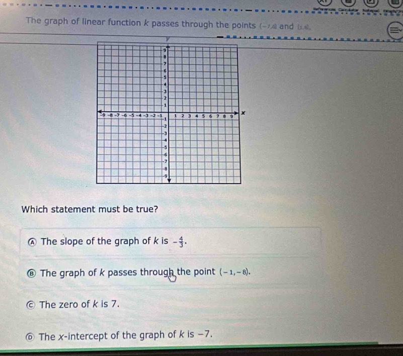 The graph of linear function k passes through the points (-74 and ω £.
Which statement must be true?
Ⓐ The slope of the graph of k is - 4/3 .
€ The graph of k passes through the point (-1,-8).
The zero of k is 7.
⑥ The x-intercept of the graph of k is −7.