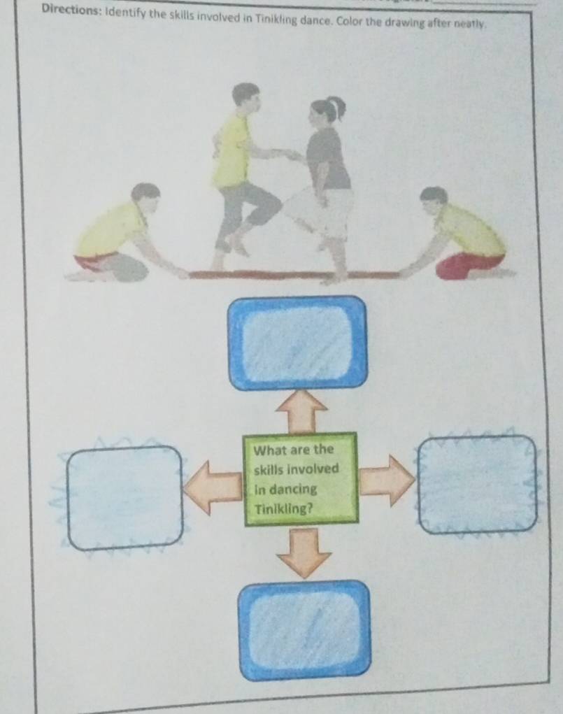 Directions: Identify the skills involved in Tinikling dance. Color the drawing after neatly.