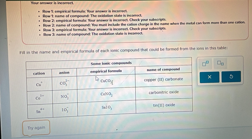 Your answer is incorrect.
Row 1: empirical formula: Your answer is incorrect.
Row 1: name of compound: The oxidation state is incorrect.
Row 2: empirical formula: Your answer is incorrect. Check your subscripts.
Row 2: name of compound: You must include the cation charge in the name when the metal can form more than one cation.
Row 3: empirical formula: Your answer is incorrect. Check your subscripts.
Row 3: name of compound: The oxidation state is incorrect.
Fill in the name and empirical formula of each ionic compound that could be formed from the ions in this table:
□^(□) □ _□ 
× 5
Try again