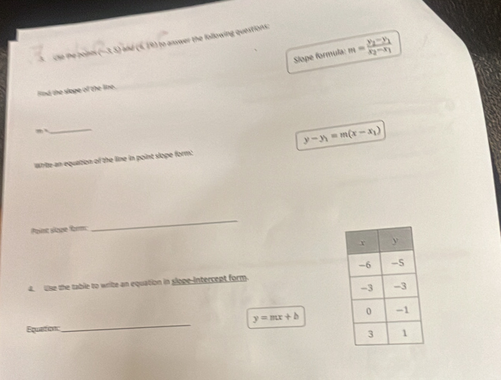 3,5) and (4,19) to answer the following questions:
Sope formula: m=frac y_2-y_1x_2-x_1
Find the slape of the line.

_
y-y_1=m(x-x_1)
write an equation of the line in point slope form:
Paint slèpe farm:
_
4. Use the table to write an equation in slope-Intercept form.
_
y=mx+b
Squation: