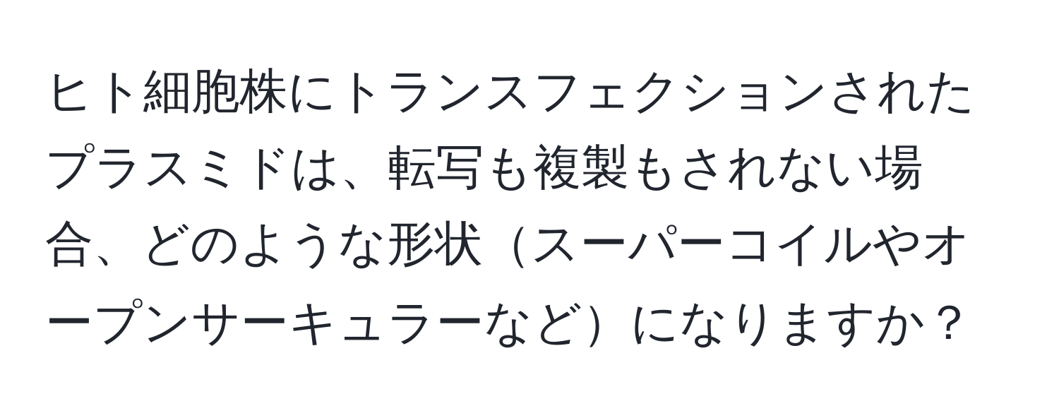 ヒト細胞株にトランスフェクションされたプラスミドは、転写も複製もされない場合、どのような形状スーパーコイルやオープンサーキュラーなどになりますか？