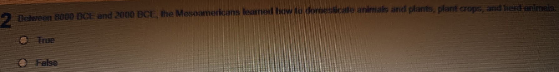 Between 8000 BCE and 2000 BCE, the Mesoamericans leared how to domesticate animals and plants, plant crops, and herd animals.
True
False