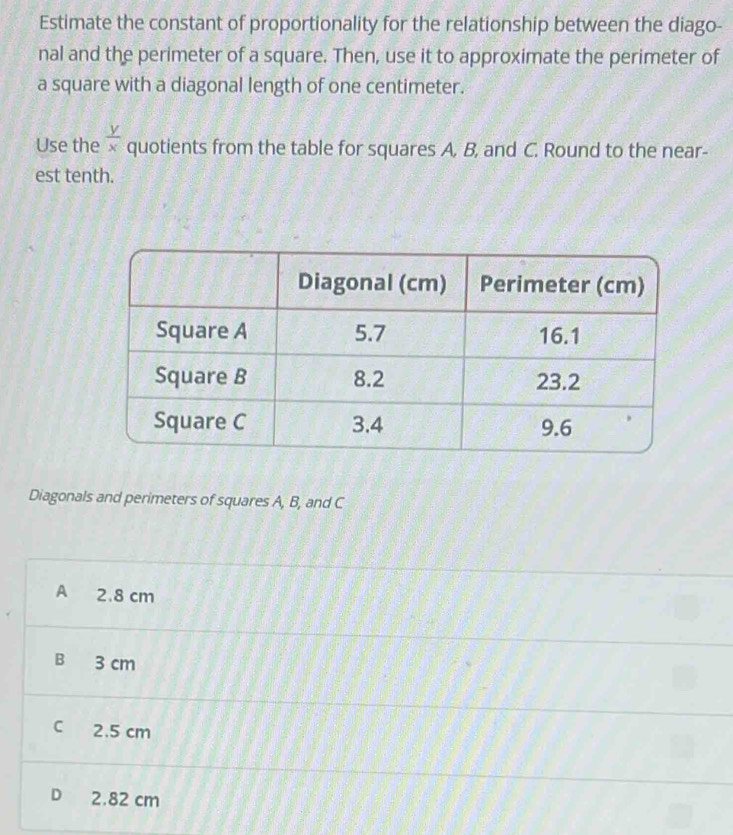 Estimate the constant of proportionality for the relationship between the diago-
nal and the perimeter of a square. Then, use it to approximate the perimeter of
a square with a diagonal length of one centimeter.
Use the  y/x  quotients from the table for squares A, B, and C. Round to the near-
est tenth.
Diagonals and perimeters of squares A, B, and C
A 2.8 cm
B 3 cm
C 2.5 cm
D 2.82 cm