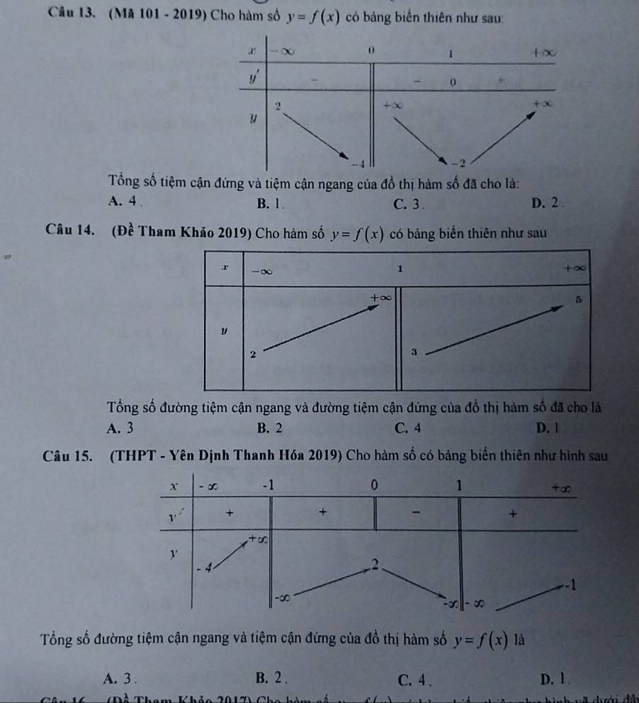 (Mã 101 - 2019) Cho hàm số y=f(x) có bảng biển thiên như sau:
Tổng số tiệm cận đứng và tiệm cận ngang của đồ thị hàm số đã cho là:
A. 4 . B. 1 . C. 3. D. 2
Câu 14. (Đề Tham Khảo 2019) Cho hàm số y=f(x) có bảng biển thiên như sau
Tổng số đường tiệm cận ngang và đường tiệm cận đứng của đồ thị hàm số đã cho là
A. 3 B. 2 C. 4 D. 1
Câu 15. (THPT - Yên Dịnh Thanh Hóa 2019) Cho hàm số có bảng biển thiên như hình sau
Tổng số đường tiệm cận ngang và tiệm cận đứng của đồ thị hàm số y=f(x) là
A. 3 . B. 2 . C. 4 . D. 1 .