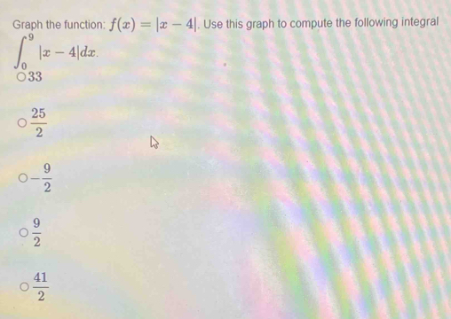 Graph the function: f(x)=|x-4|. Use this graph to compute the following integral
∈t _0^(9|x-4|dx.
frac 25)2
- 9/2 
 9/2 
 41/2 