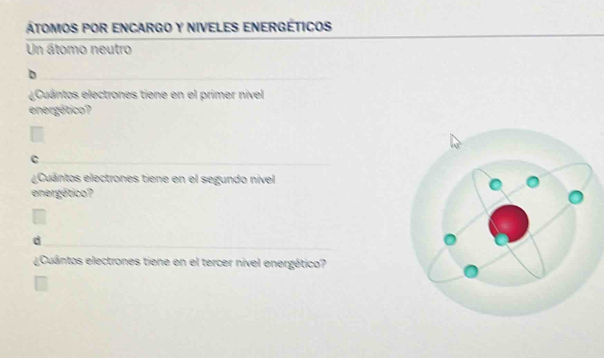 ÁTOMOS POR ENCARGO Y NIVELES ENERGÉTICOS 
Un átomo neutro 
D 
¿ Cuántos electrones tiene en el primer nivel 
energético? 
C 
¿Cuántos electrones tiene en el segundo nivel 
energético? 
¿Cuántos electrones tiene en el tercer nivel energético?