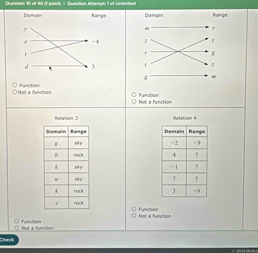 Question Attempt: 1 of Unlimited

Function
Not a function
Function
Not a function
Relation 3 Relation 4

Function
Not a function
Function
Not a function
Check
© 2024 McGr