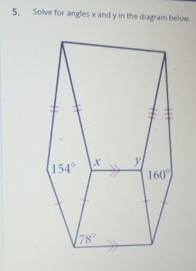 Solve for angles x and y in the diagram below.