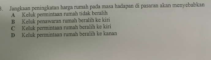 Jangkaan peningkatan harga rumah pada masa hadapan di pasaran akan menyebabkan
A Keluk permintaan rumah tidak beralih
B Keluk penawaran rumah beralih ke kiri
C Keluk permintaan rumah beralih ke kiri
D Keluk permintaan rumah beralih ke kanan