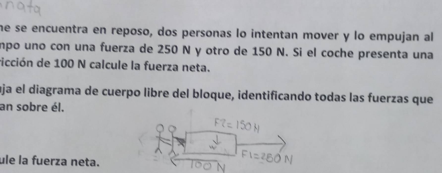 he se encuentra en reposo, dos personas lo intentan mover y lo empujan al 
mpo uno con una fuerza de 250 N y otro de 150 N. Si el coche presenta una 
ricción de 100 N calcule la fuerza neta. 
uja el diagrama de cuerpo libre del bloque, identificando todas las fuerzas que 
an sobre él. 
ule la fuerza neta.