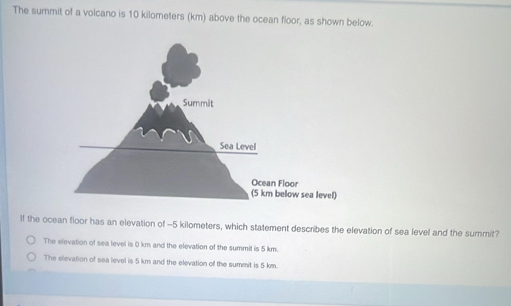 The summit of a volcano is 10 kilometers (km) above the ocean floor, as shown below.
If the ocean floor has an elevation of - 5 kilometers, which statement describes the elevation of sea level and the summit?
The elevation of sea level is 0 km and the elevation of the summit is 5 km.
The elevation of sea level is 5 km and the elevation of the summit is 5 km.