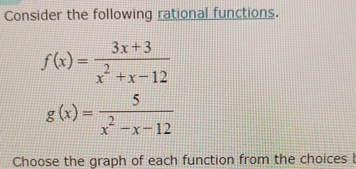 Consider the following rational functions.
f(x)= (3x+3)/x^2+x-12 
g(x)= 5/x^2-x-12 
Choose the graph of each function from the choices b