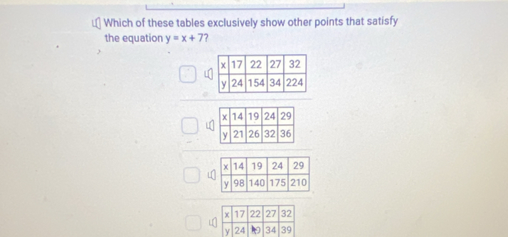 Which of these tables exclusively show other points that satisfy 
the equation y=x+7 ?
4