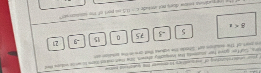 your understanding of insqualilies to answer the questions below 
itrs. Coffen gove her students the insquality shown. She then asked them to write volues that 
re part of the solution set. Shade the vakues that are in the salulion set
5 -3 75 0 15 -9 21
8
The inequalities below does not include c=0.5 as part of the salution ser?