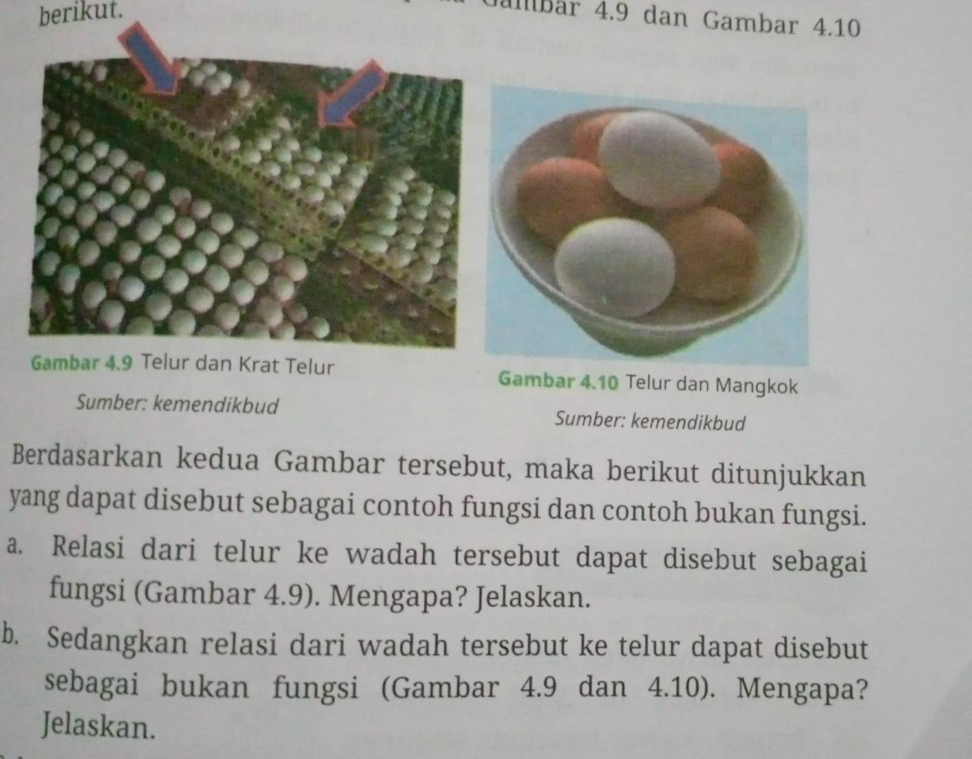 berikut. 
Jambär 4.9 dan Gambar 4.10
Gambar 4.9 Telur dan Krat Telur Gambar 4.10 Telur dan Mangkok 
Sumber: kemendikbud Sumber: kemendikbud 
Berdasarkan kedua Gambar tersebut, maka berikut ditunjukkan 
yang dapat disebut sebagai contoh fungsi dan contoh bukan fungsi. 
a. Relasi dari telur ke wadah tersebut dapat disebut sebagai 
fungsi (Gambar 4.9). Mengapa? Jelaskan. 
b. Sedangkan relasi dari wadah tersebut ke telur dapat disebut 
sebagai bukan fungsi (Gambar 4.9 dan 4.10). Mengapa? 
Jelaskan.