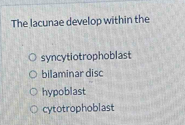 The lacunae develop within the
syncytiotrophoblast
bilaminar disc
hypoblast
cytotrophoblast