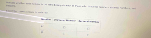 integers. Indicate whether each number in the table belongs in each of these sets: Irrational numbers, rational numbers, and
Select the correct answer in each row.