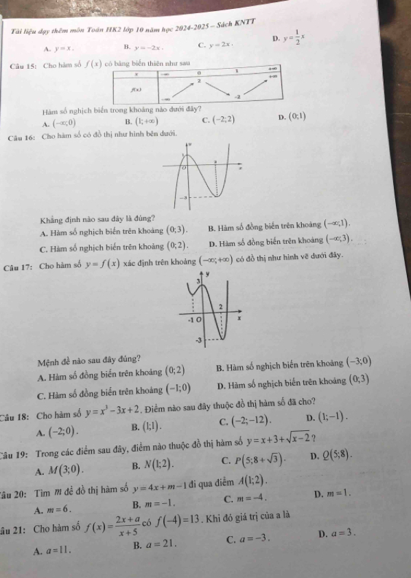 Tài liệu dạy thêm môn Toán HK2 lớp 10 năm học 2024-2025 - Sách KNTT
D.
A. y=x. B. y=-2x. C. y=2x· y= 1/2 x
Câu 15: Cho hàm số f(x)
Hàm số nghịch biển trong khoảng nào dưới đây?
A. (-∈fty ;0) B. (1;+∈fty ) C. (-2;2) D. (0,1)
Câu 16: Cho hàm số có đồ thị như hình bên dưới,
Khẳng định nào sau dây là đúng?
A. Hàm số nghịch biến trên khoảng (0;3). B. Hàm số đồng biến trên khoảng (-∈fty ;1).
C. Hàm số nghịch biến trên khoảng (0;2). D. Hàm số đồng biển trên khoảng (-∈fty ;3).
Câu 17: Cho hàm số y=f(x) xác định trên khoảng (-∈fty ;+∈fty ) có đồ thị như hình vẽ dưới đây.
Mệnh đề nào sau đây đúng?
A. Hàm số đồng biến trên khoảng (0;2) B. Hàm số nghịch biến trên khoảng (-3;0)
C. Hàm số đồng biển trên khoảng (-1;0) D. Hàm số nghịch biến trên khoảng (0;3)
Câu 18: Cho hàm số y=x^3-3x+2. Điểm nào sau đây thuộc đồ thị hàm số đã cho?
A. (-2;0). B. (1;1). C. (-2;-12). D. (1;-1).
Câu 19: Trong các điểm sau đây, điểm nào thuộc đồ thị hàm số y=x+3+sqrt(x-2) ?
A. M(3;0). B. N(1;2). C. P(5;8+sqrt(3)). D. Q(5;8).
Tâu 20: Tìm m đề đồ thị hàm số y=4x+m-1 đi qua điểm A(1;2).
A. m=6. B. m=-1. C. m=-4. D. m=1.
âu 21: Cho hàm số f(x)= (2x+a)/x+5  có f(-4)=13. Khi đó giá trị của a là
A. a=11. B. a=21. C. a=-3. D. a=3.