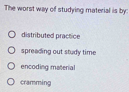 The worst way of studying material is by:
distributed practice
spreading out study time
encoding material
cramming