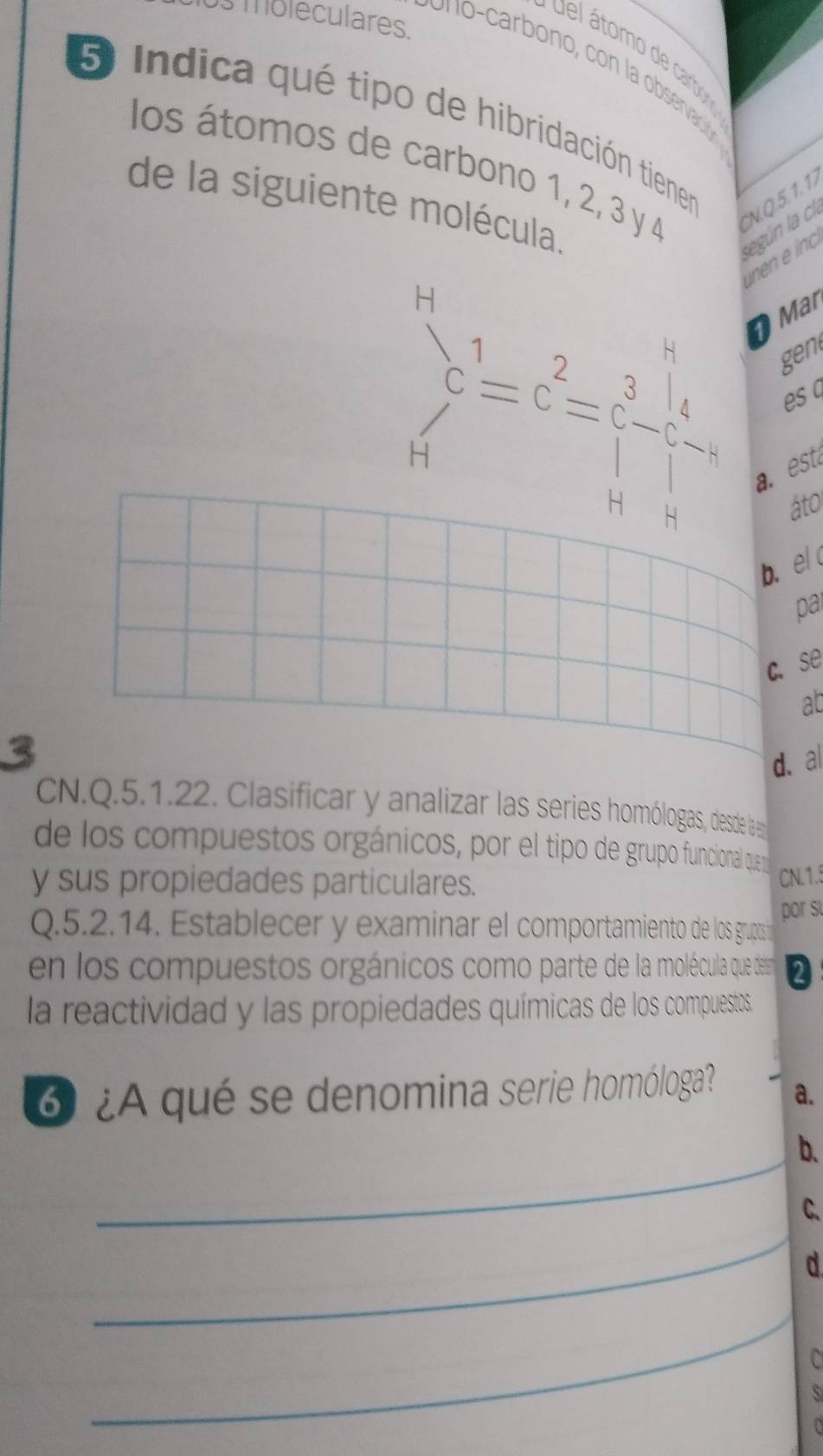 os moleculares.
u o carbono, con la observaç
5 Indica qué tipo de hibridación tiener N. Q5. 1.1)
los átomos de carbono 1, 2, 3 y 4
de la siguiente molécula
según la cl.
u en e inc

~ Mar
beginarrayr c dd=c^2=4 -5-4 Hendarray gen
es a
a. est
áto
b. el 
pa
C. se
ab
3
d. al
CN.Q.5.1.22. Clasificar y analizar las series homólogas, desde la e
de los compuestos orgánicos, por el tipo de grupo funcional que 
y sus propiedades particulares.
CN.1.5
por su
Q.5.2.14. Establecer y examinar el comportamiento de los grups i
en los compuestos orgánicos como parte de la molécula que den D
la reactividad y las propiedades químicas de los compuestos.
6 ¿A qué se denomina serie homóloga? a.
_
b.
C.
_
d
_
C
s
a