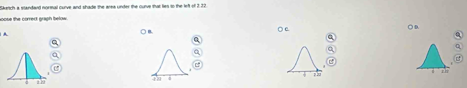 Sketch a standard normal curve and shade the area under the curve that lies to the left of 2.22
oose the correct graph below. 
) A. 
B. 
○ c. 
D. 
z