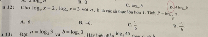 A. 2log _ab B. ()
C. log _ab D. 4log _ab
u 12: Cho log _ax=2, log _bx=3 với a , b là các số thực lớn hơn 1. Tính P=log  a/b^2  x.
A. 6. B. −6.
C.  1/6 .  (-1)/6 . 
D.
1 13: Đặt a=log _23_vab=log _53. Hãy biểu diễn log _645 then