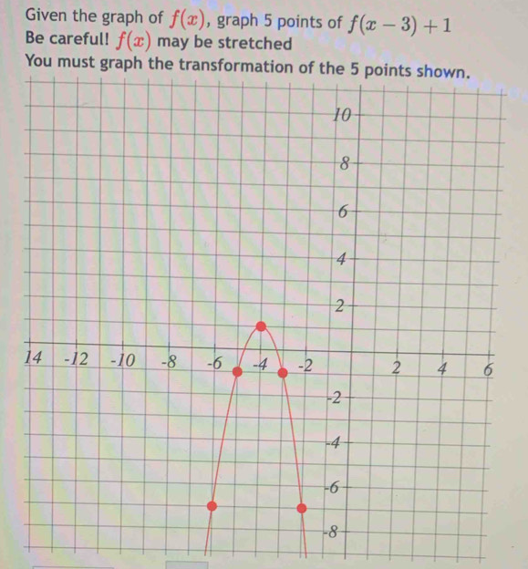 Given the graph of f(x) , graph 5 points of f(x-3)+1
Be careful! f(x) may be stretched 
You must graph the tran 
1