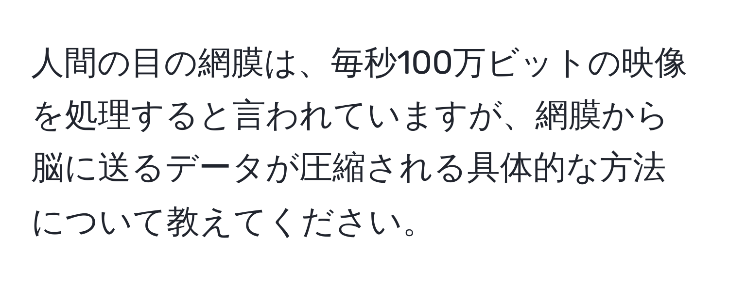 人間の目の網膜は、毎秒100万ビットの映像を処理すると言われていますが、網膜から脳に送るデータが圧縮される具体的な方法について教えてください。